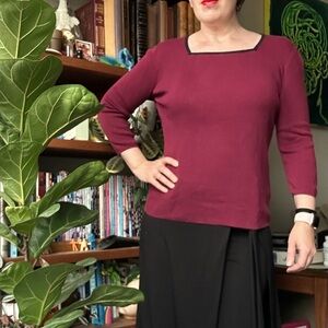 Roz & Ali Deep Red 3/4 Long Sleeve Square Neck Top